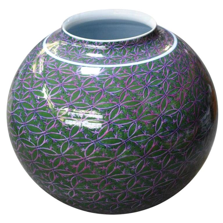 Large Contemporary Green Purple Porcelain Vase by Japanese Master Artist For Sale