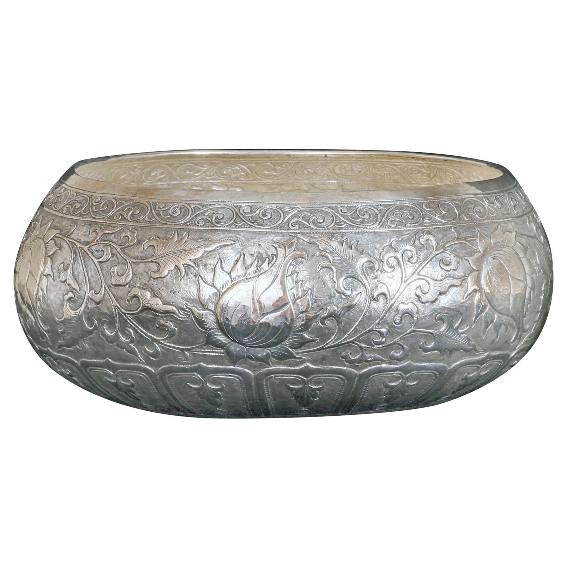 Large Contemporary Hand-Worked solid Silver Bowl, Lotus Motif, Centrepiece