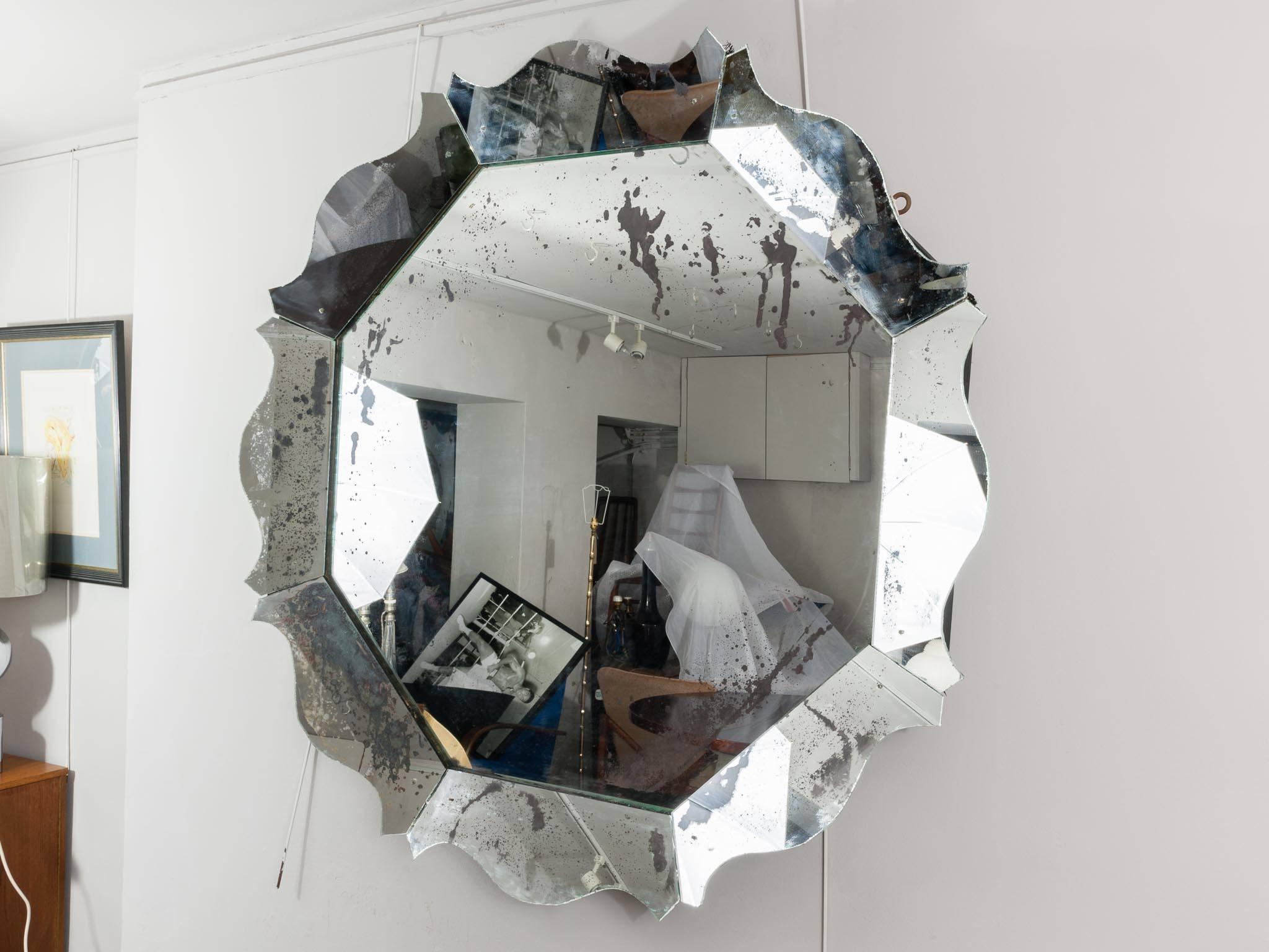 Large Contemporary Hexagonal Scalloped Silver Foxed Wooden Mirror In Distressed Condition In London, GB