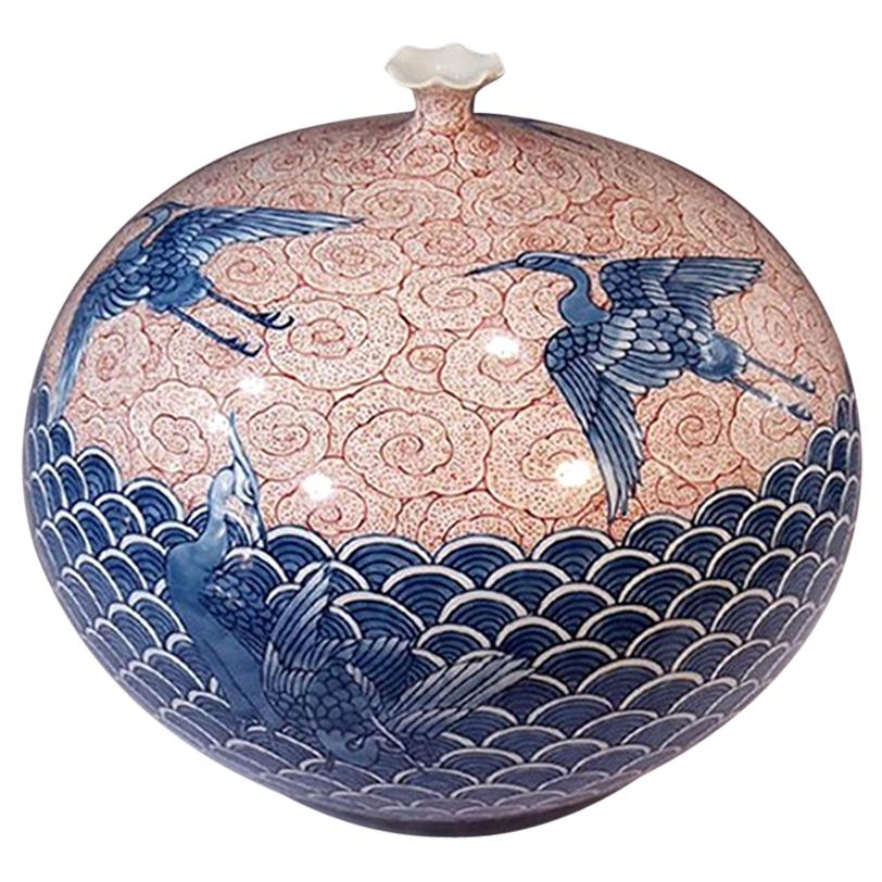 Japanese Contemporary Blue White Pink Porcelain Vase by Master Artist