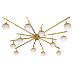 Grand lustre italien contemporain en laiton et verre, 12 branches