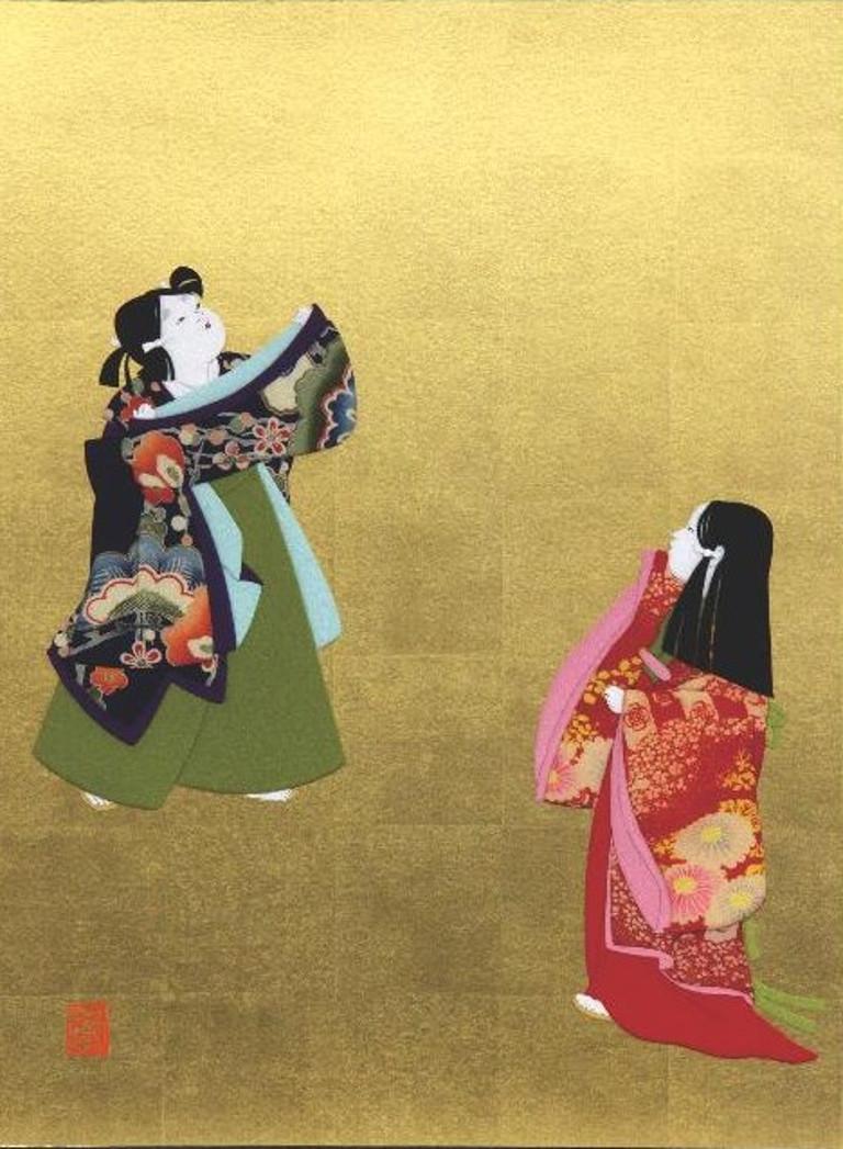Unique exquisite large Japanese contemporary framed three-dimensional decorative art piece in Japanese fabric in vivid red, green and black on gold leaf Japanese paper, recreating a stunning genre Japanese painting from Edo era with two girls in
