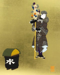 Large Framed Japanese Black Gilded Oshie Decorative Art