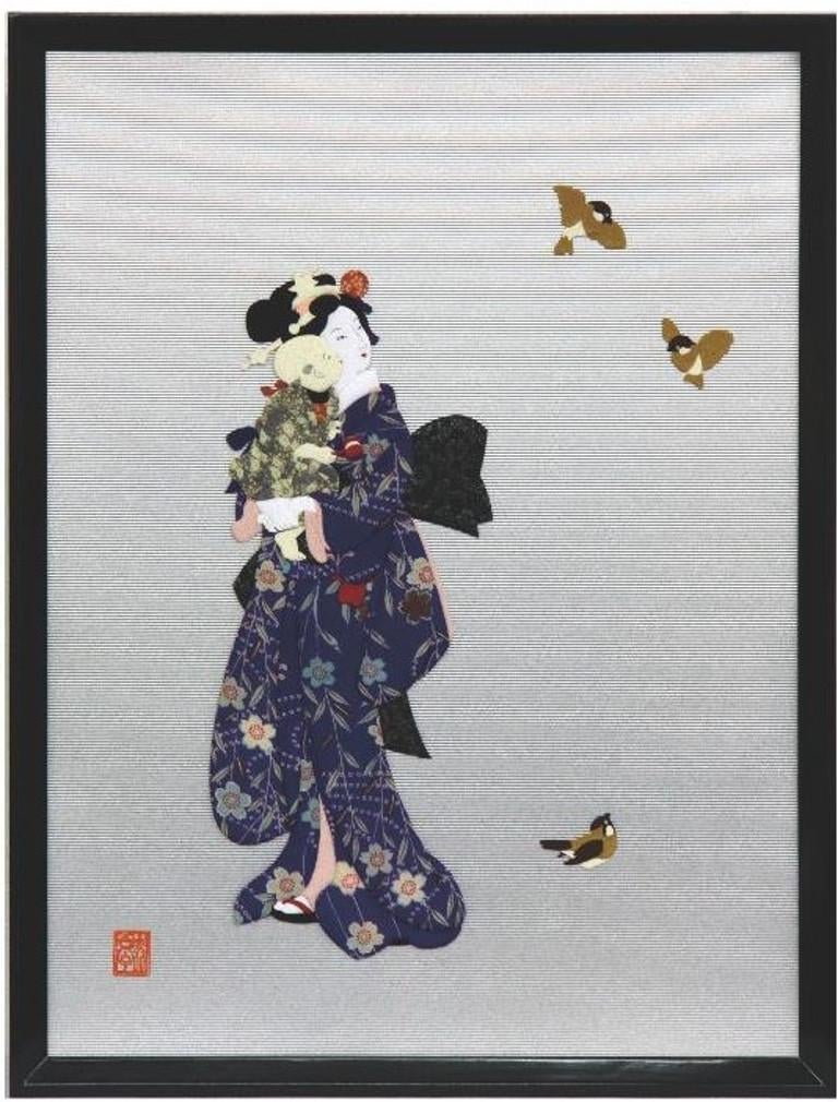 Hand-Crafted Large Contemporary Japanese Black Gilded Oshie Decorative Art, Framed