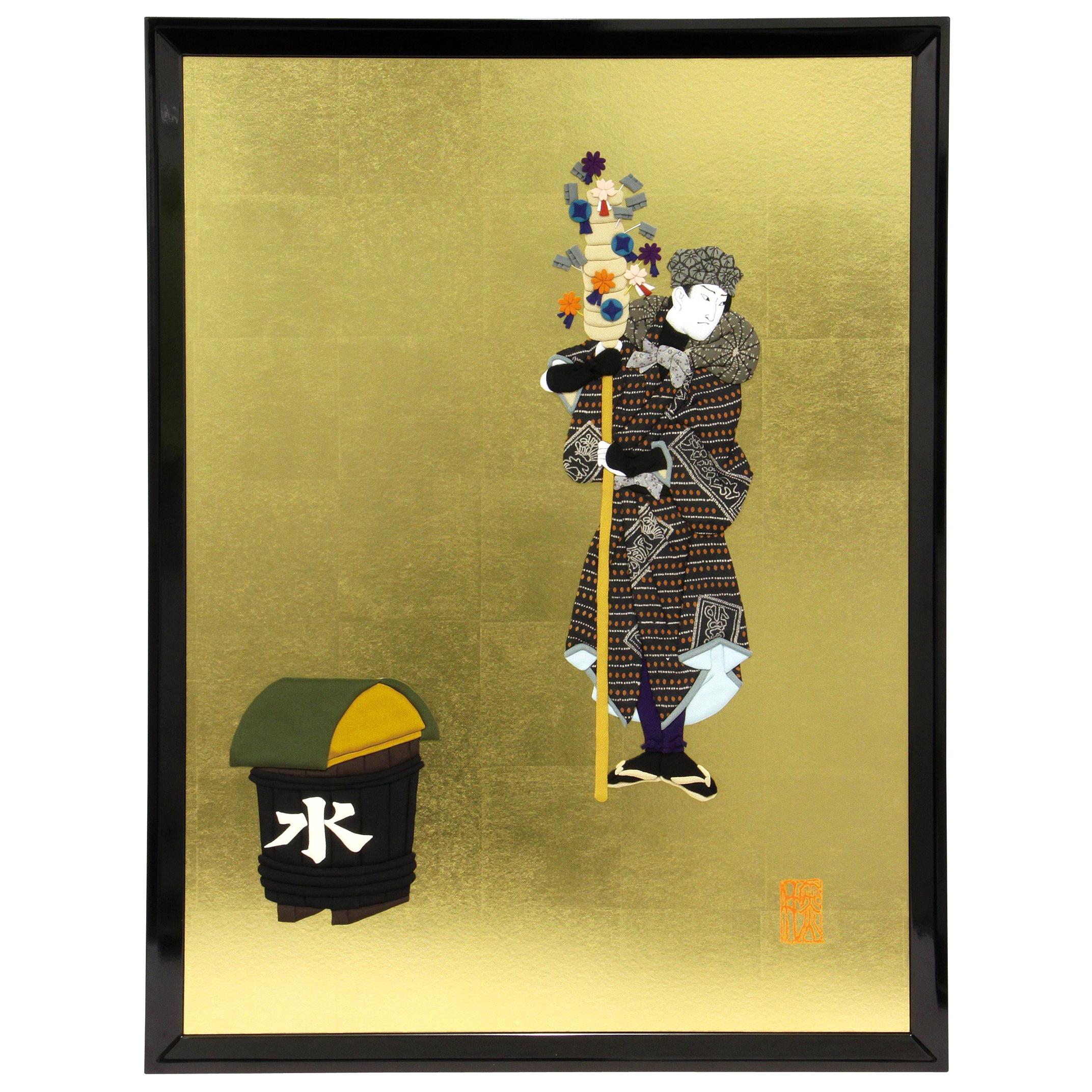 Large Framed Japanese Black Gilded Oshie Decorative Art