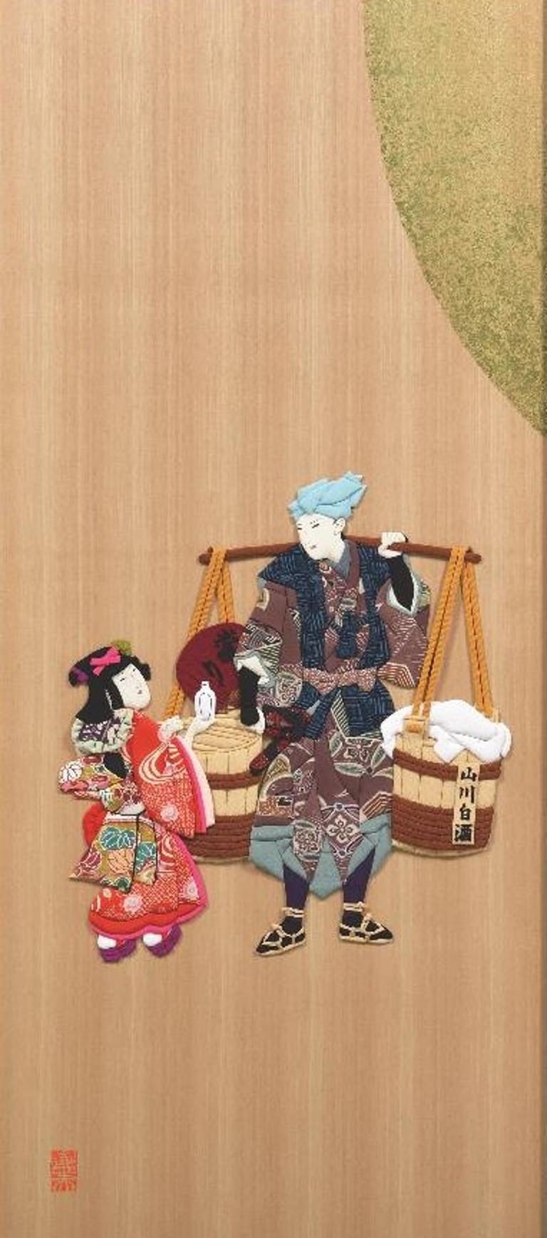 A genre Japanese painting of 18th century depicting a scene from a well-known Kabuki play entitled Sukeroku. Set on moonlit spring evening when cherry blossoms are in full bloom, the play tells the story of two brothers out to avenge the death of