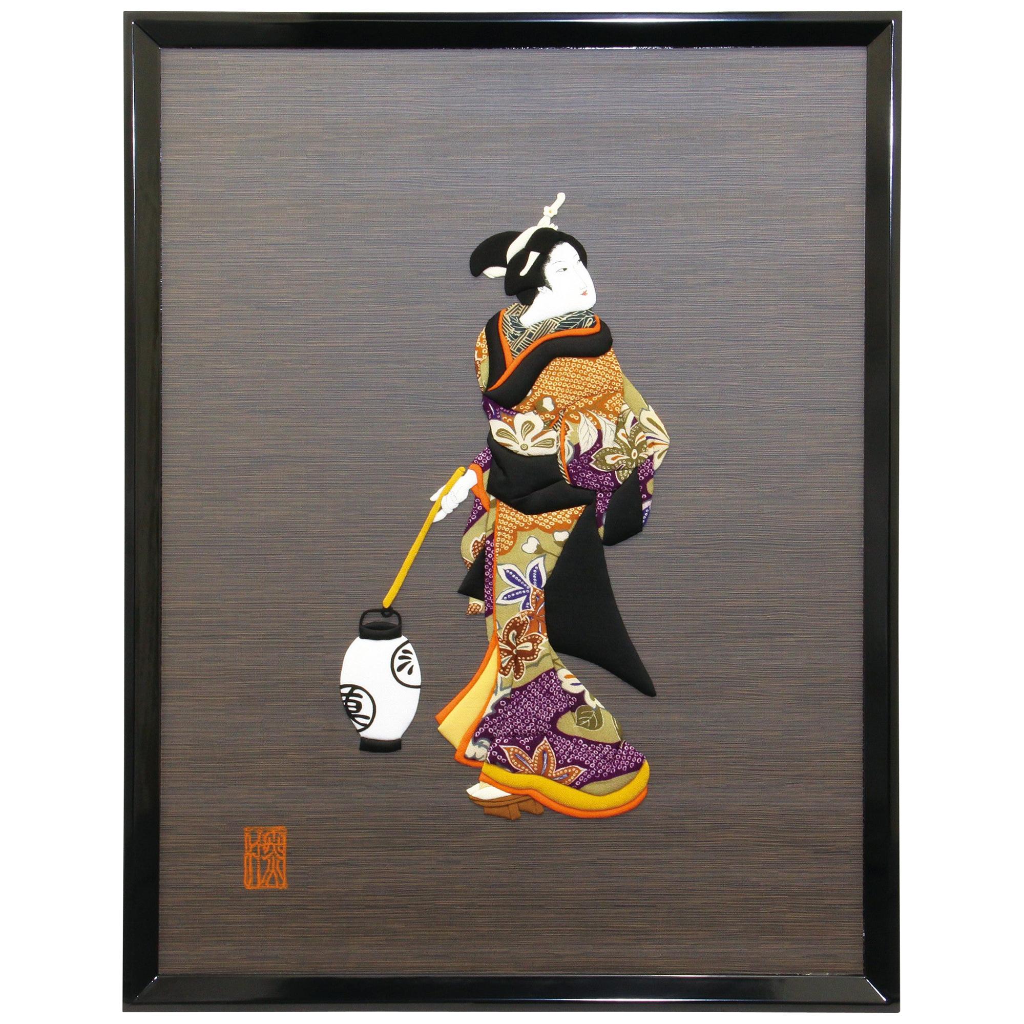 Large Contemporary Japanese Black Yellow Framed Silk Brocade Oshie Art Work For Sale