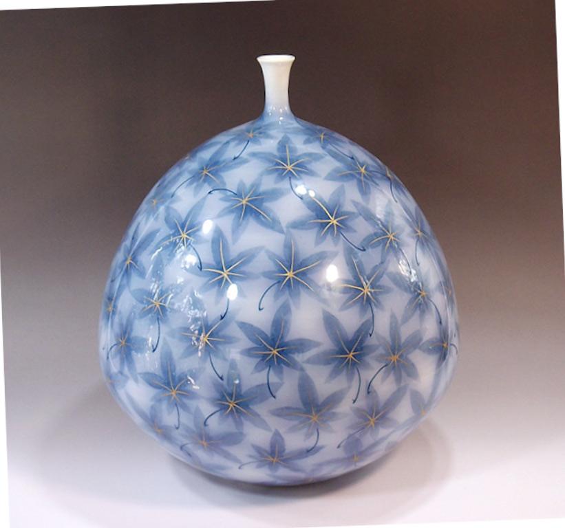 Hand-Painted Contemporary Japanese Blue White Porcelain Vase by Master Artist For Sale