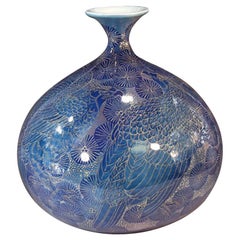 Vase japonais contemporain en porcelaine dorée bleue par un maître artiste, 5 pièces