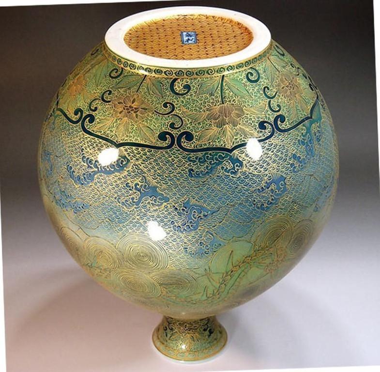 Gilt Large Contemporary Japanese Blue Green Gilded Porcelain Vase by Master Artist