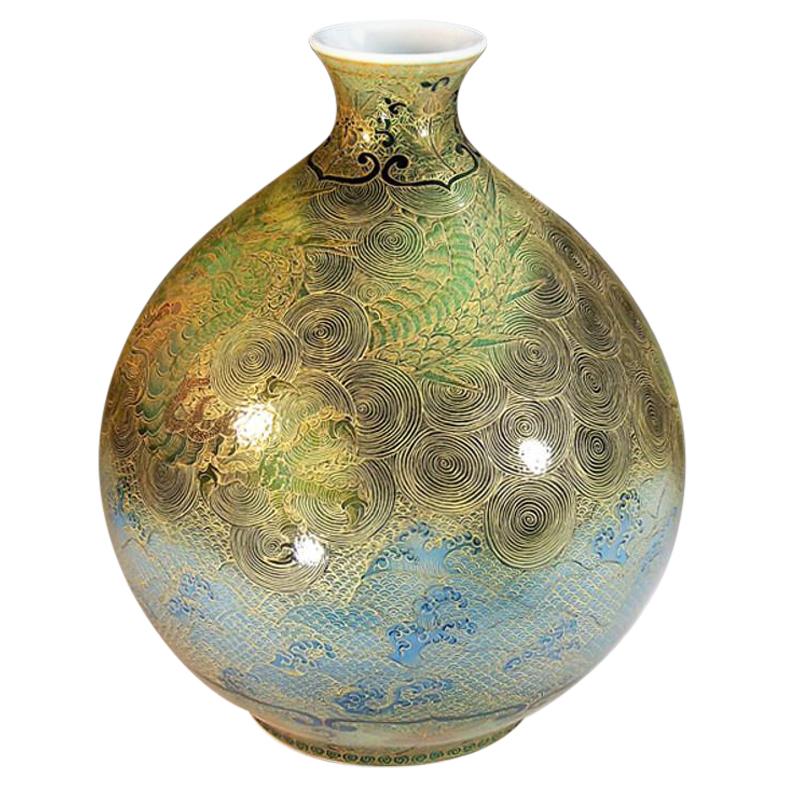 Large Contemporary Japanese Blue Green Gilded Porcelain Vase by Master Artist