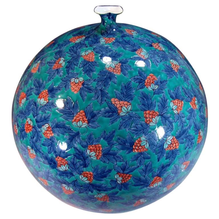 Japanese Blue Red Green Porcelain Vase by Contemporary Master Artist