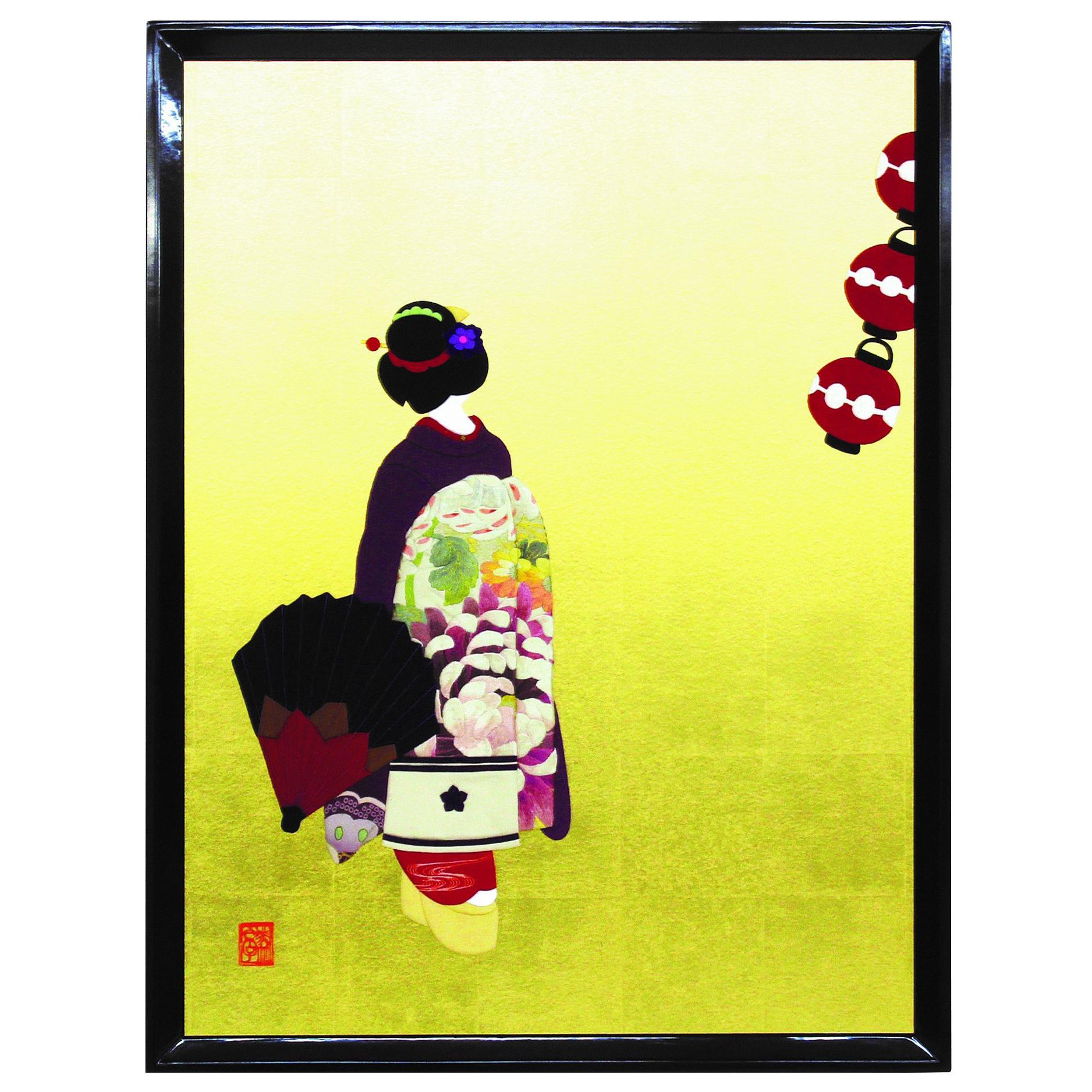 Grand art décoratif japonais contemporain encadré de coussins en soie dorée et brocart