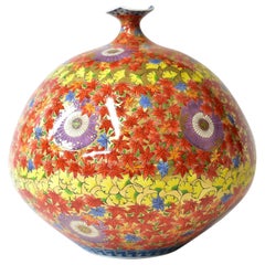 Large Contemporary Japanese Gilded Red Yellow Ceramic Vase by Master Artist