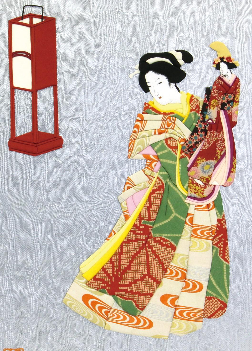 Exquisite Japanese contemporary framed three-dimensional decorative art piece in silk in vivid red and green depicting a performer holding a beautiful Japanese 