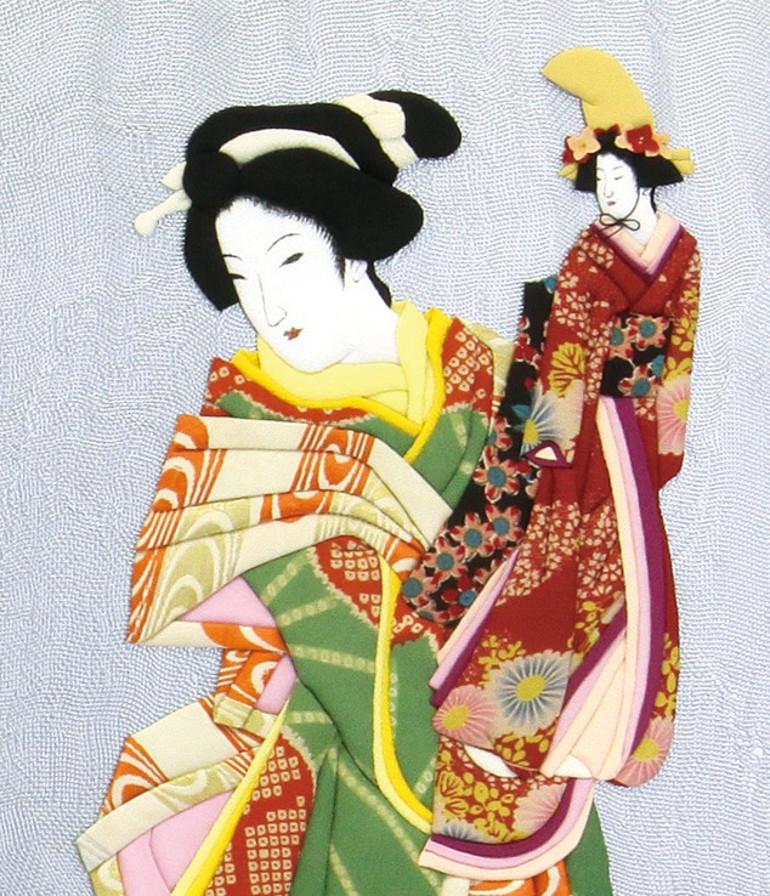 Hand-Crafted Large Japanese Gilded Silk Brocade Framed Oshie Decorative Art For Sale