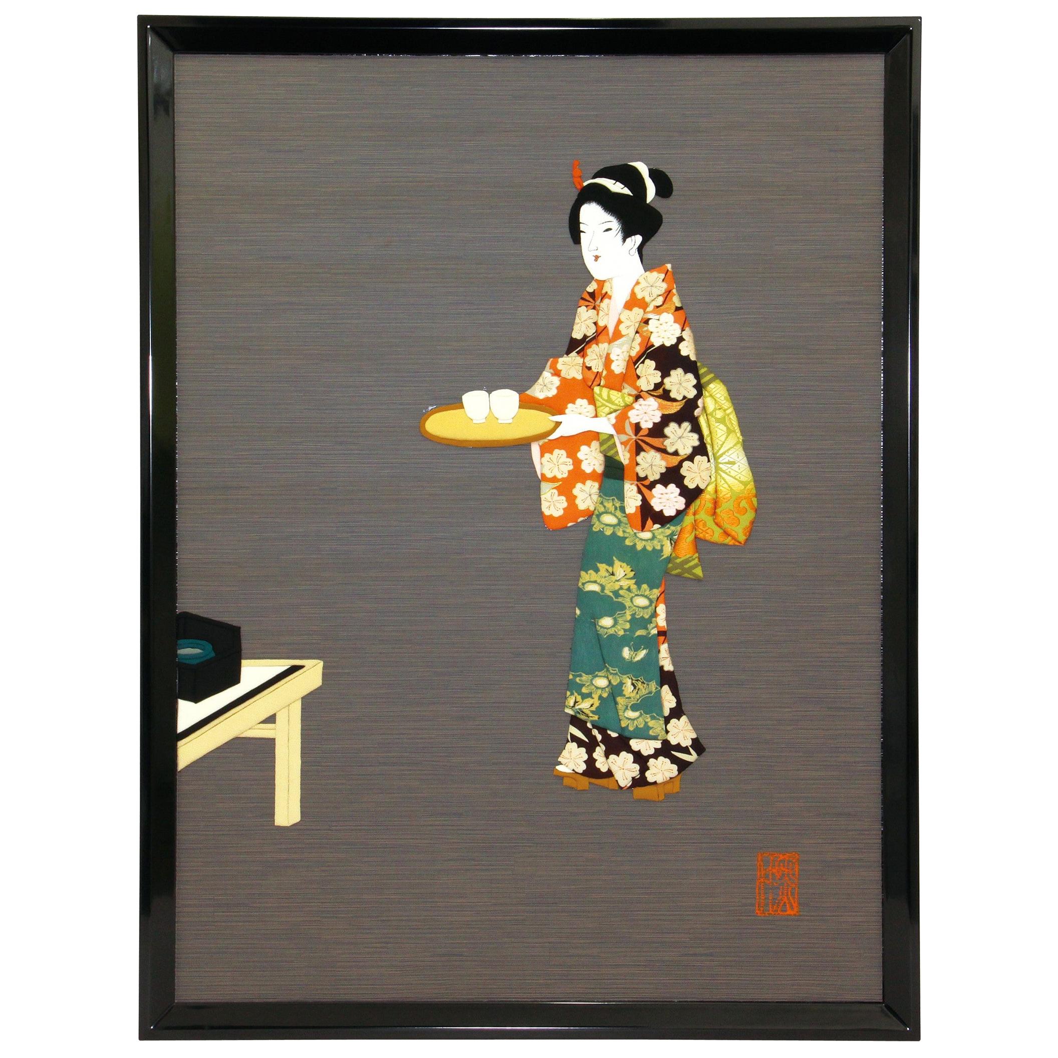 Large Contemporary Japanese Green Black Framed Gilded Silk Brocade Oshie Art For Sale