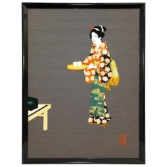Contemporary Japanese Green Black Framed Gilded Silk Brocade Oshie Art