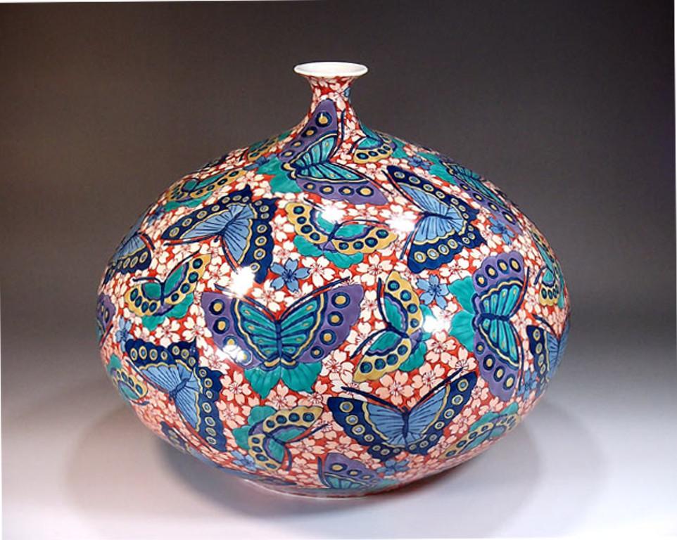 Meiji Japanese Contemporary Green Blue Porcelain Vase by Master Artist, 2 For Sale