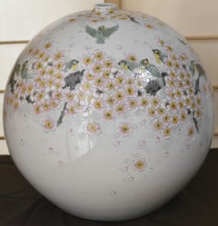 Large Contemporary Japanese Pink Cream Porcelain Vase by Kutani Master Artist