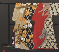 Contemporary Japanese Red Black Gilded Silk Folding Screen