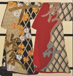 Japanese Contemporary Red Black Silk Folding Screen, 2