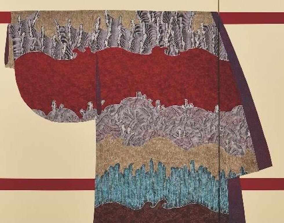 Hand-Crafted Large Contemporary Japanese Red Blue Gray Silk Two Panel Folding Screen