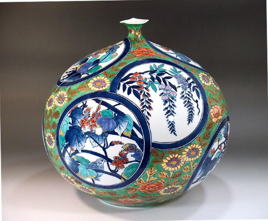 Meiji Japanese Contemporary Green Blue Pink Porcelain Vase by Master Artist For Sale