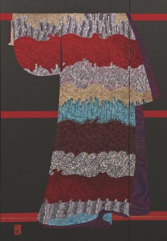 Contemporary Japanese Red Blue Yellow Silk Two Panel Folding Screen, 3