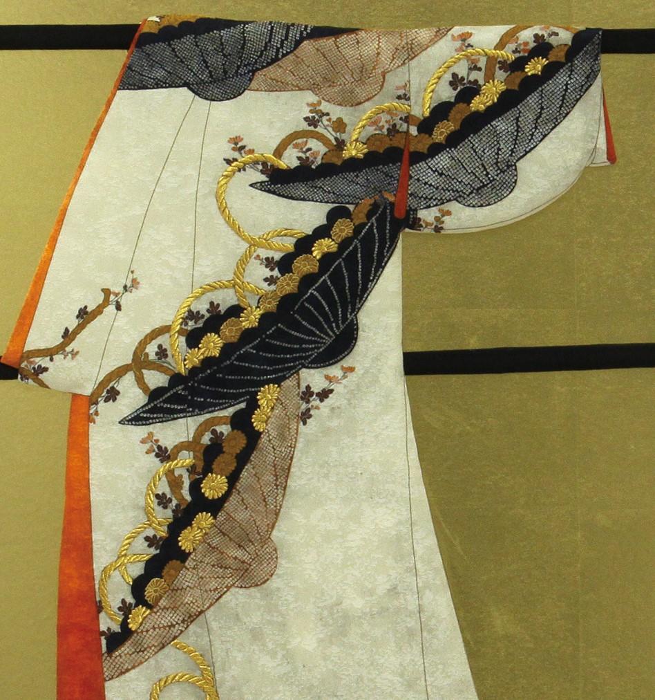 Hand-Crafted Large Contemporary Japanese Red Gilded Silk and Brocade Decorative Art, Framed