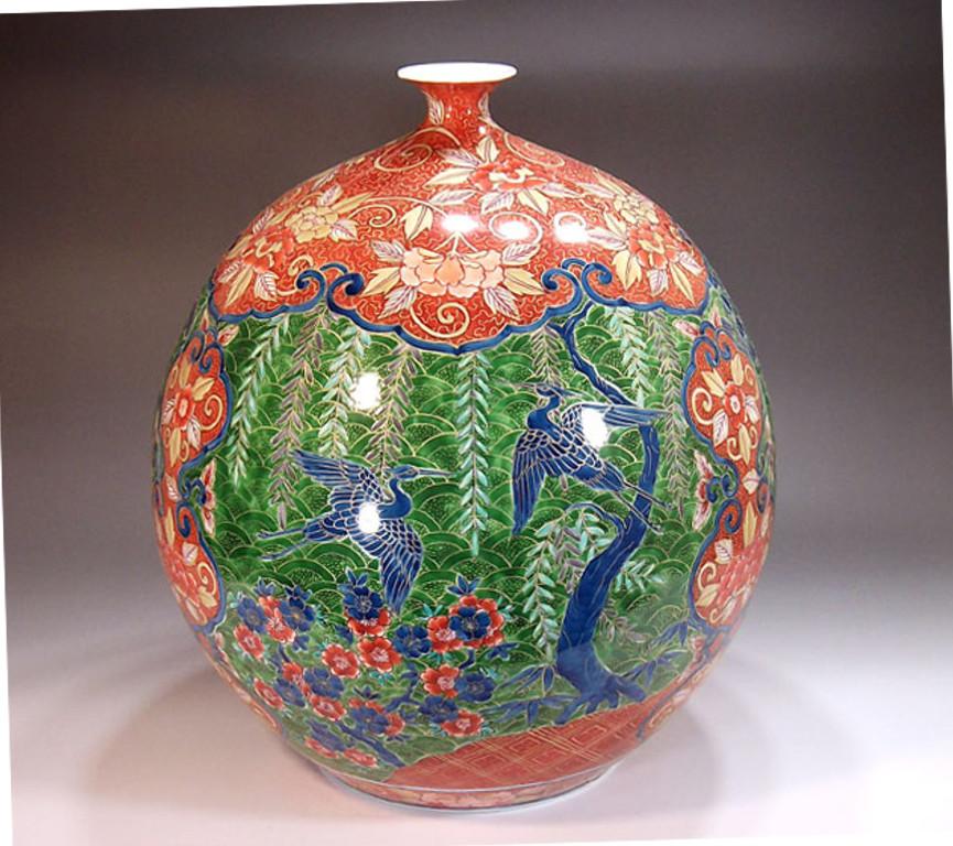 Hand-Painted Large Japanese Contemporary Red and Green Porcelain Vase by Master Artist