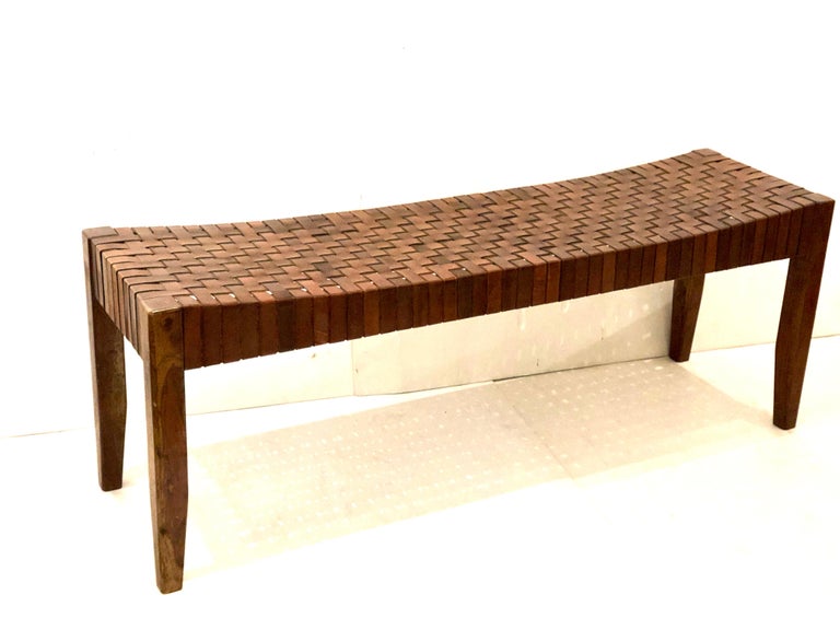 Large Contemporary Leather Straps and Wood Bench at 1stDibs
