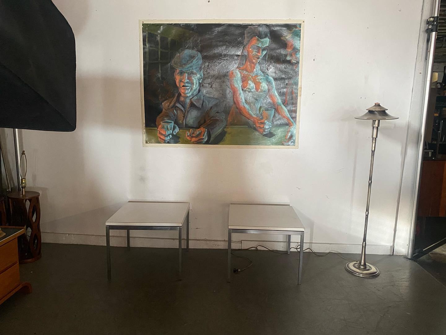 Grande huile sur toile de M J MYERS... représentant une scène de bar,, Utilisation étonnante de la couleur, de l'espace et de la texture,,, Né à Buffalo, NY et élevé dans la ville de Tonawanda, MJ Myers a fréquenté l'Université d'État de New Paltz