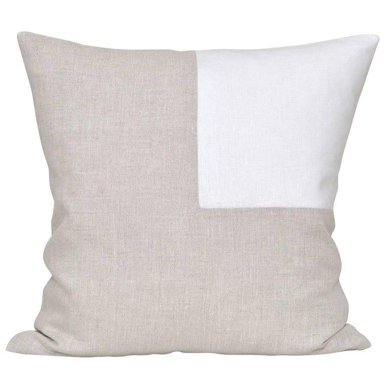 Large Contemporary Natural Irish Linen Pillow with Vintage White Patch In Good Condition For Sale In Belfast, Northern Ireland