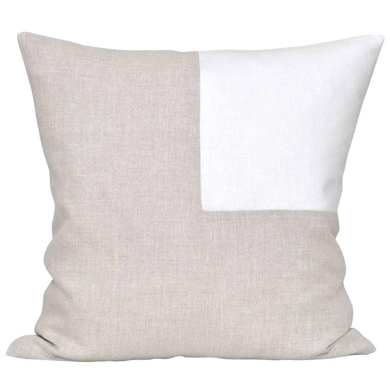 Large Contemporary Natural Irish Linen Pillow with Vintage White Patch For Sale