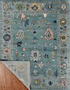 Large Contemporary Oushak Hand-Knotted Wool Rug in Aqua Blue and Slate