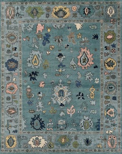 Grande tappeto contemporaneo Oushak in lana annodata a mano nei colori blu acqua e ardesia