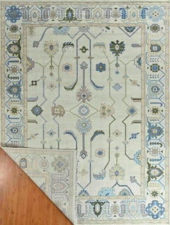 Large Contemporary Oushak Hand-Knotted Wool Rug in Ivory, Beige, and Sky Blue