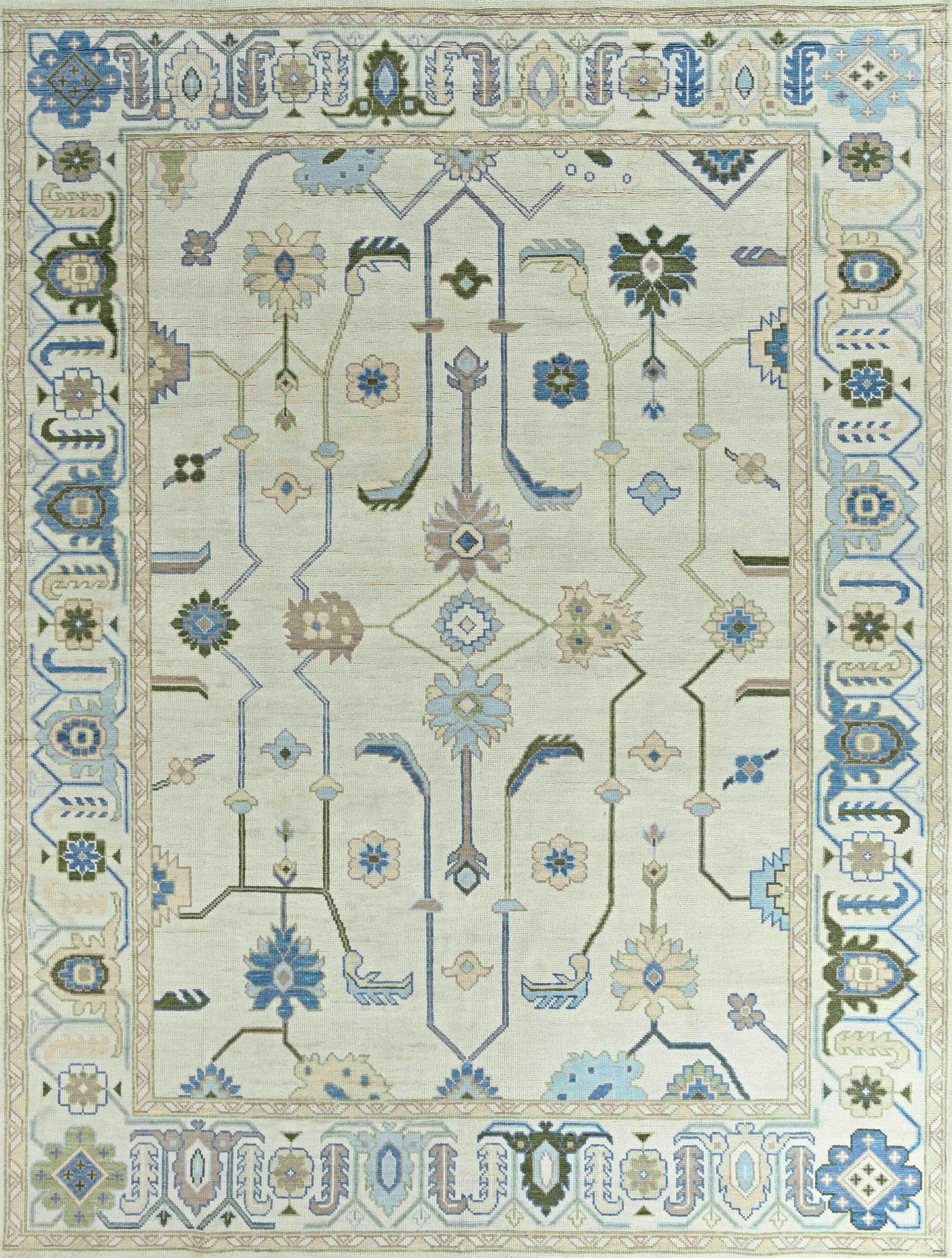 Large Contemporary Oushak Hand-Knotted Wool Rug in Ivory, Beige, and Sky Blue