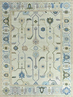 Large Contemporary Oushak Hand-Knotted Wool Rug in Ivory, Beige, and Sky Blue