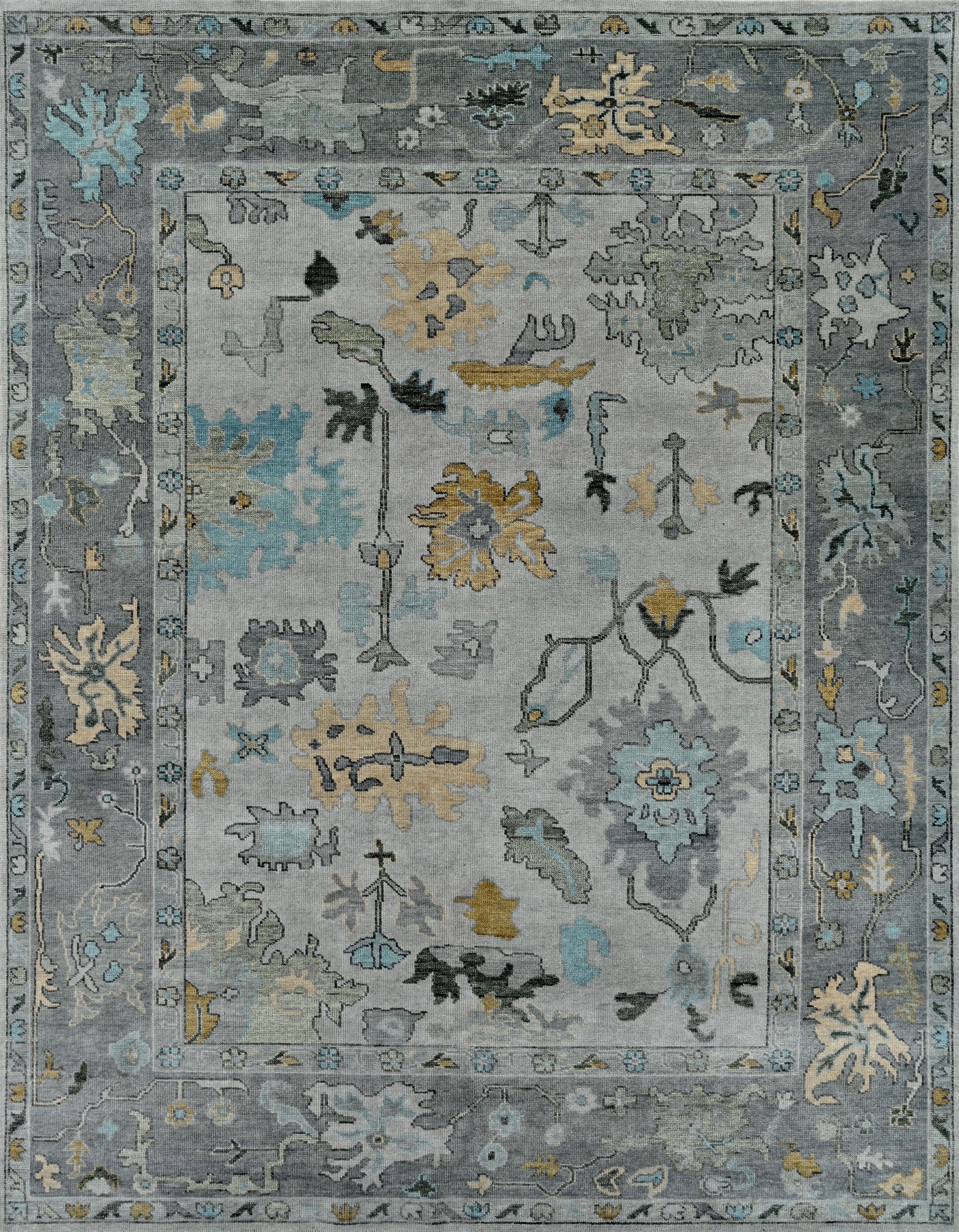 Large Contemporary Oushak Hand-Knotted Wool Rug in Light and Medium Grey For Sale