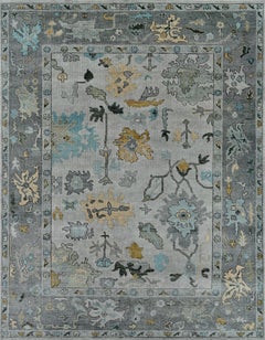 Large Contemporary Oushak Hand-Knotted Wool Rug in Light and Medium Grey