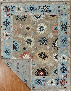 Large Contemporary Oushak Hand-Knotted Wool Rug in Light Brown and Aqua