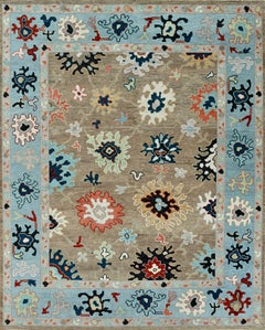 Grande Tappeto contemporaneo in lana Oushak annodato a mano nei colori marrone chiaro e acqua
