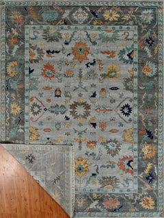 Large Contemporary Oushak Hand-Knotted Wool Rug in Light Grey and Charcoal