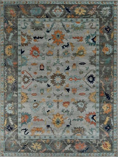 Large Contemporary Oushak Hand-Knotted Wool Rug in Light Grey and Charcoal