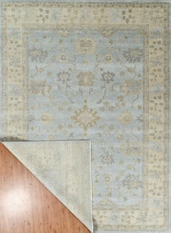 Grand tapis Oushak contemporain en laine noué à la main, bleu poudré et ivoire