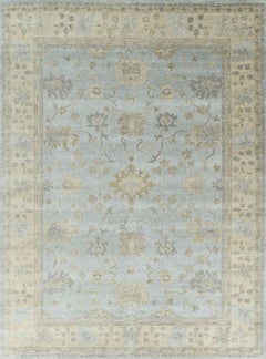 Grand tapis Oushak contemporain en laine noué à la main, bleu poudré et ivoire