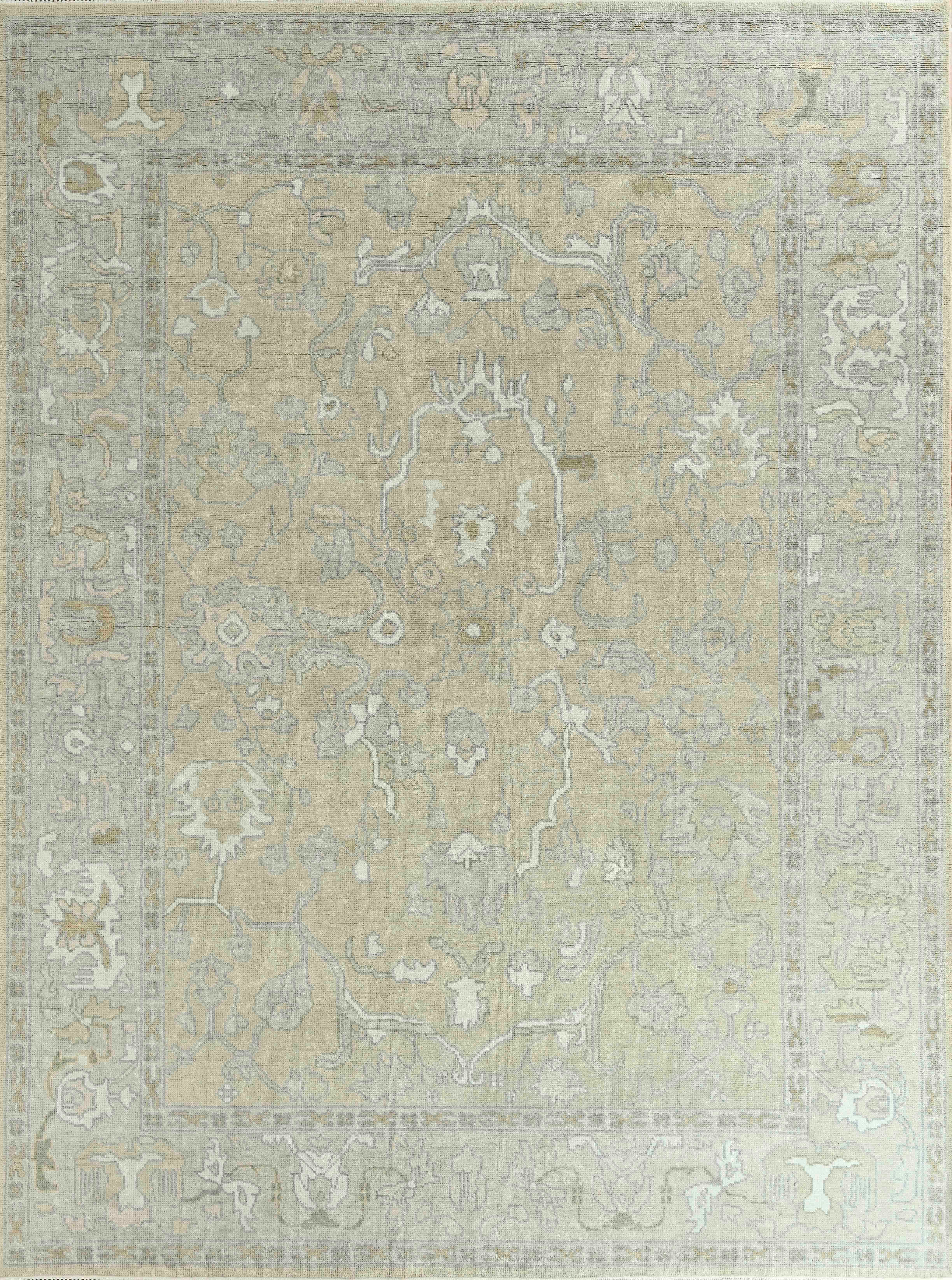 Large Contemporary Oushak Hand-Knotted Wool Rug in Soft Gold and Ivory