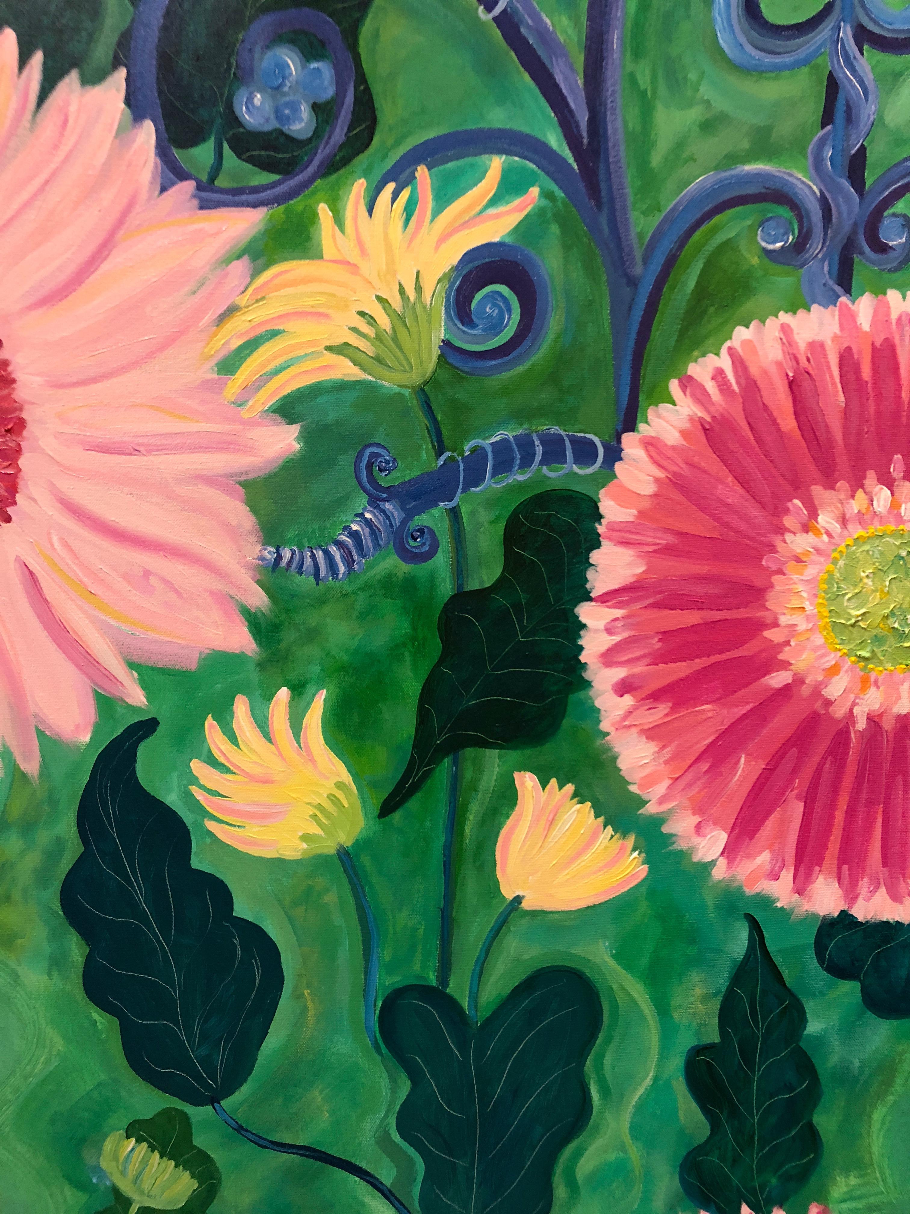 A large happy contemporary painting on canvas of bursting and about to bloom gerbera daisies with wonderfully rendered Matisse-esque leaves.